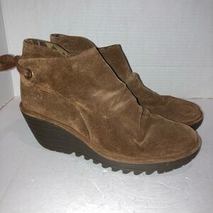 Fly London YEBI Wedge Ankle Boot Brown Suede Tie Back Size 10